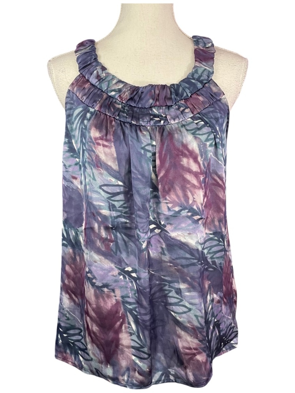 Pleated Satin Watercolor Top M Y2K Scoop Neck Blouse Halter Sleeveless Flowy